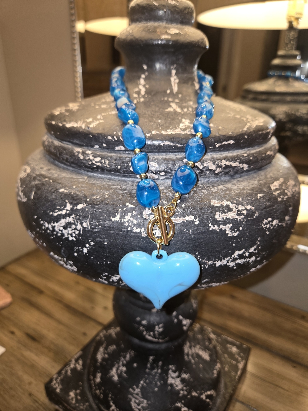 Blue Puffed Heart Beaded Toggle  Necklace - Women's Trending Jewelry